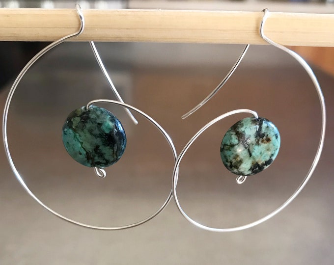 African Turquoise Sterling Silver Spiral Hoop Earrings