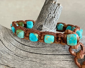 Kingman Turquoise Tan Deerskin Leather Adjustable Bracelet