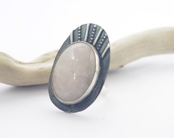 Rose quartz silver statement ring, oval black sterling silver ring, adjustable black statement ring