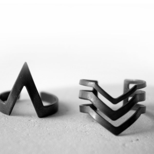 set of two black rings, gothic, midi geometric rings, christmas gift rings, open band rings, Pointy Rings