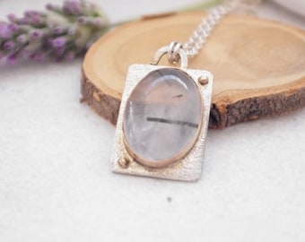 9K gold quartz pendant, Crystal Clear Quartz Necklace, Engraved silver gold pendant