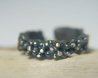 Organic bubbly black ring, adjustable bubbly black gold ring, one of a kind unique ring