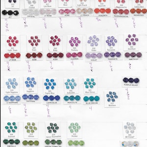 May include: A chart of small, faceted glass beads in various colours, including jet black, crystal clear, light rose, rose, light peach, hyacinth, padparadscha, Indian red, light Siam, Siam, ruby, fuchsia, violet, tanzanite, amethyst, light sapphire, sapphire, Capri blue, indicolite, blue zircon, Montana, emerald, olivine, green tourmaline, peridot, and AB crystal. Each bead is labelled with a number and a colour name.