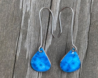 Blue Mini Teardrop Earrings, Raindrop Crackle Enamel, Handmade Modern Enamel Jewelry, Slow Fashion, Recycled Copper, Titanium Ear Wire