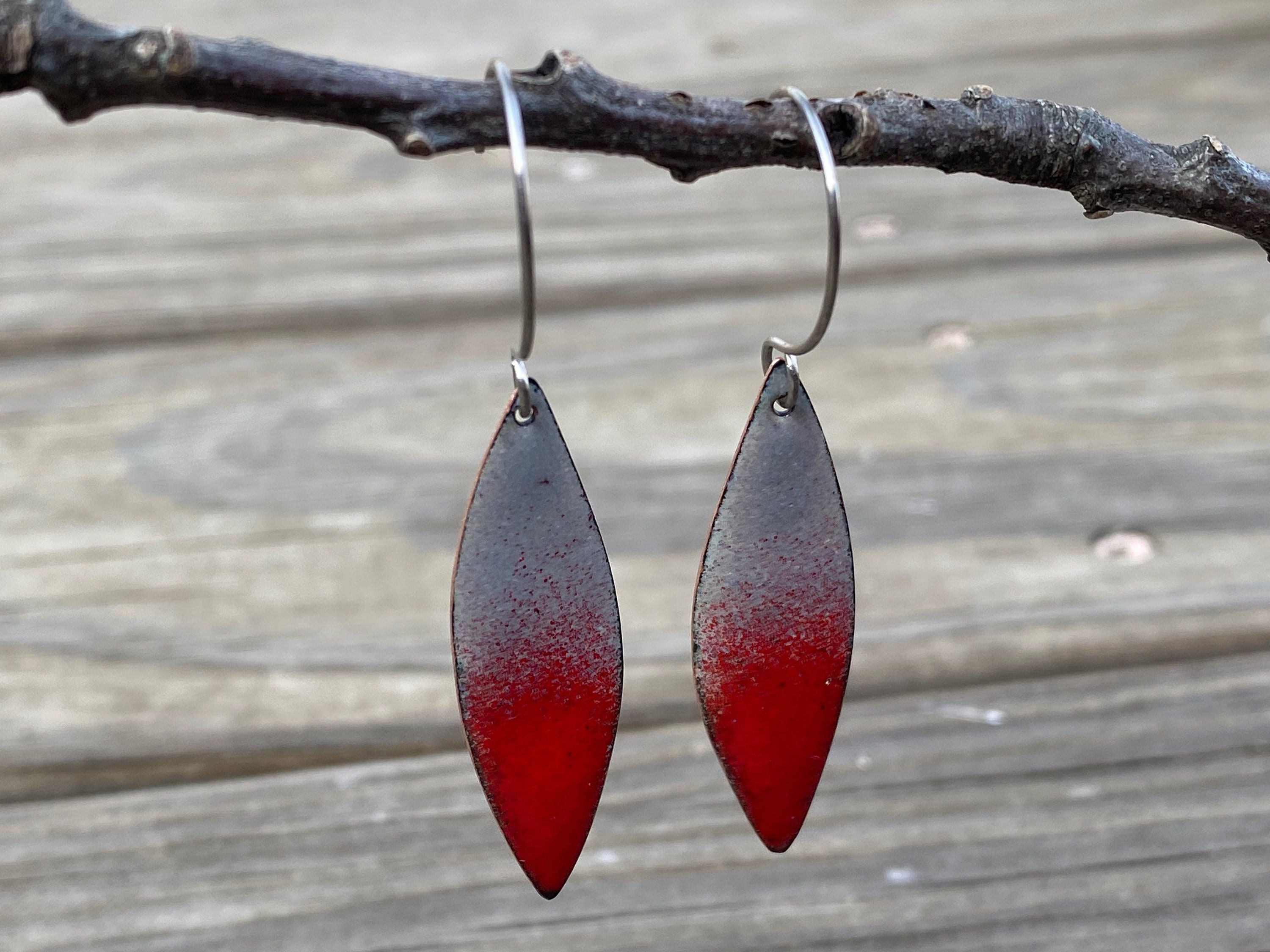 Red & Gray Enamel Leaf Shape Earrings, Abstract Long Dangles  display picture 1