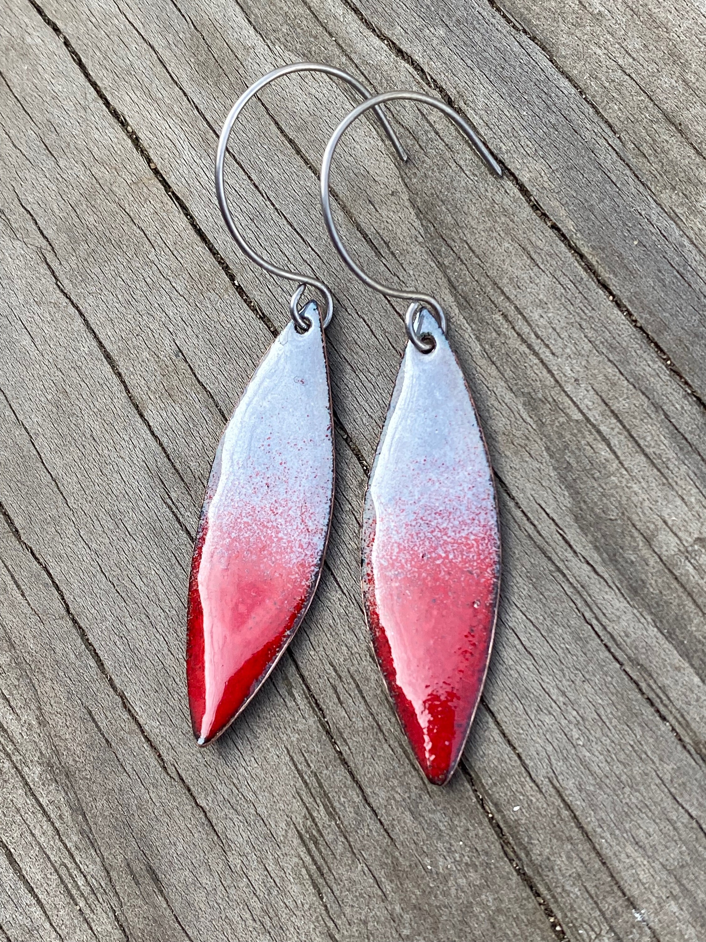 Red & Gray Enamel Leaf Shape Earrings, Abstract Long Dangles  display picture 2