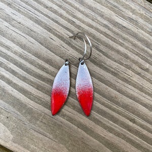 Red & Gray Enamel Leaf Shape Earrings, Abstract Long Dangles, Minimal Dusty Rose, Handmade Modern Enamel Jewelry, Recycled Copper, Titanium