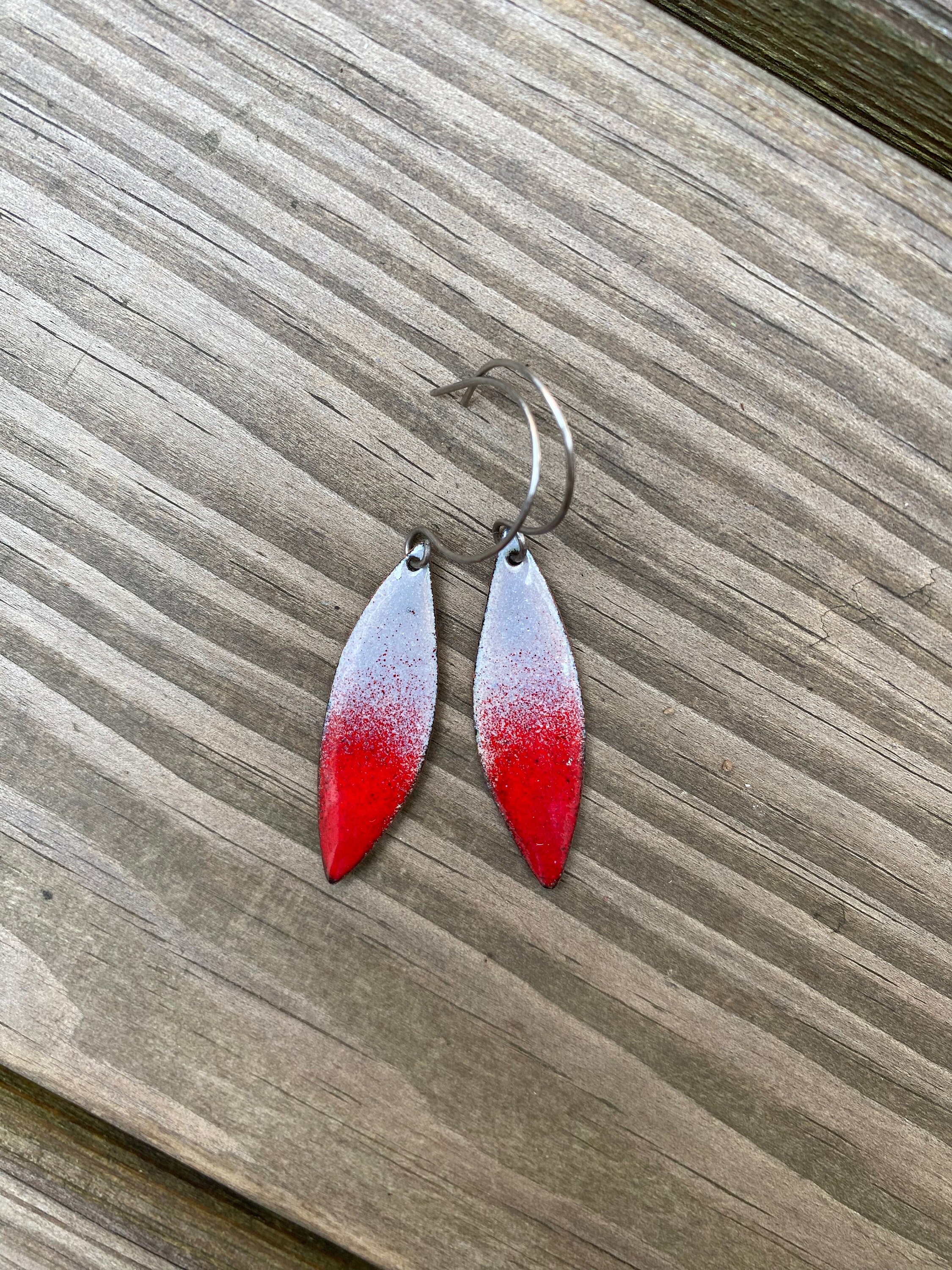 Red & Gray Enamel Leaf Shape Earrings, Abstract Long Dangles  display picture 3