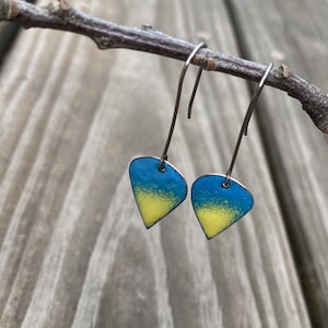 Blue & Yellow Enamel, Mini Teardrop Earrings, Slow Fashion, Handmade Modern Enamel Jewelry, Recycled Copper, Titanium Ear Wire