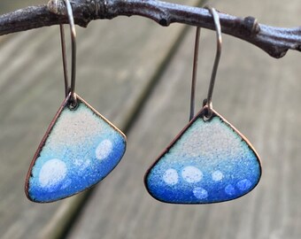Teardrop Dangle Earrings, Blue & White Enamel, Aqua Sand Earrings, Handmade Modern Enamel Jewelry, Slow Fashion, Recycled Copper, Titanium