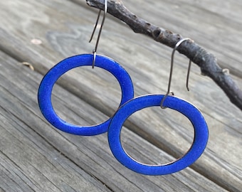 Blue Hoop Earrings, Royal Blue Enamel, Med Size Circle Earrings, Handmade Modern Enamel Jewelry, Recycled Copper, Titanium Ear Wire