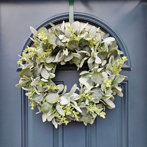 Year Round Lamb&#39;s Ear and Eucalyptus Wreath for Front Door, Year Round Greenery Wreath, Farmhouse Wreath for Front Door, Everyday Wreath