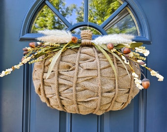 Boho Neutral Pumpkin Wreath for Front Door, Pumpkin Door Hanger, 3D Pumpkin Wreath, Burlap Pumpkin, Fall Door Wreath, Fall Farmhouse Wreath
