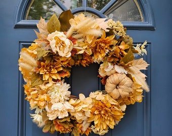 Harvest Gold Fall Wreath for Front Door, Modern Farmhouse Wall Decor, Floral Autumn Wreath