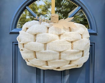 Off White Pumpkin Wreath for Front Door, Pumpkin Door Hanger, 3D Pumpkin Wreath, Burlap Pumpkin, Fall Door Wreath, Fall Farmhouse Wreath