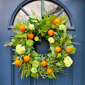 Spring Summer Orange Wreath with Eucalyptus and White Flowers, Cottage Wreath for Front Door, Kitchen Wreath, Handmade Gift