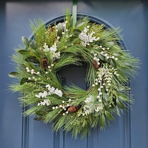 Frosted White Winter Wreath with White Berries, Winter Wreath for Front Door, Holiday Wreath With Cedar, Pine, and Pinecones