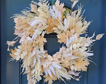 Boho Fall Wreath for Front Door, Modern Farmhouse Wall Decor, Neutral Autumn Wreath