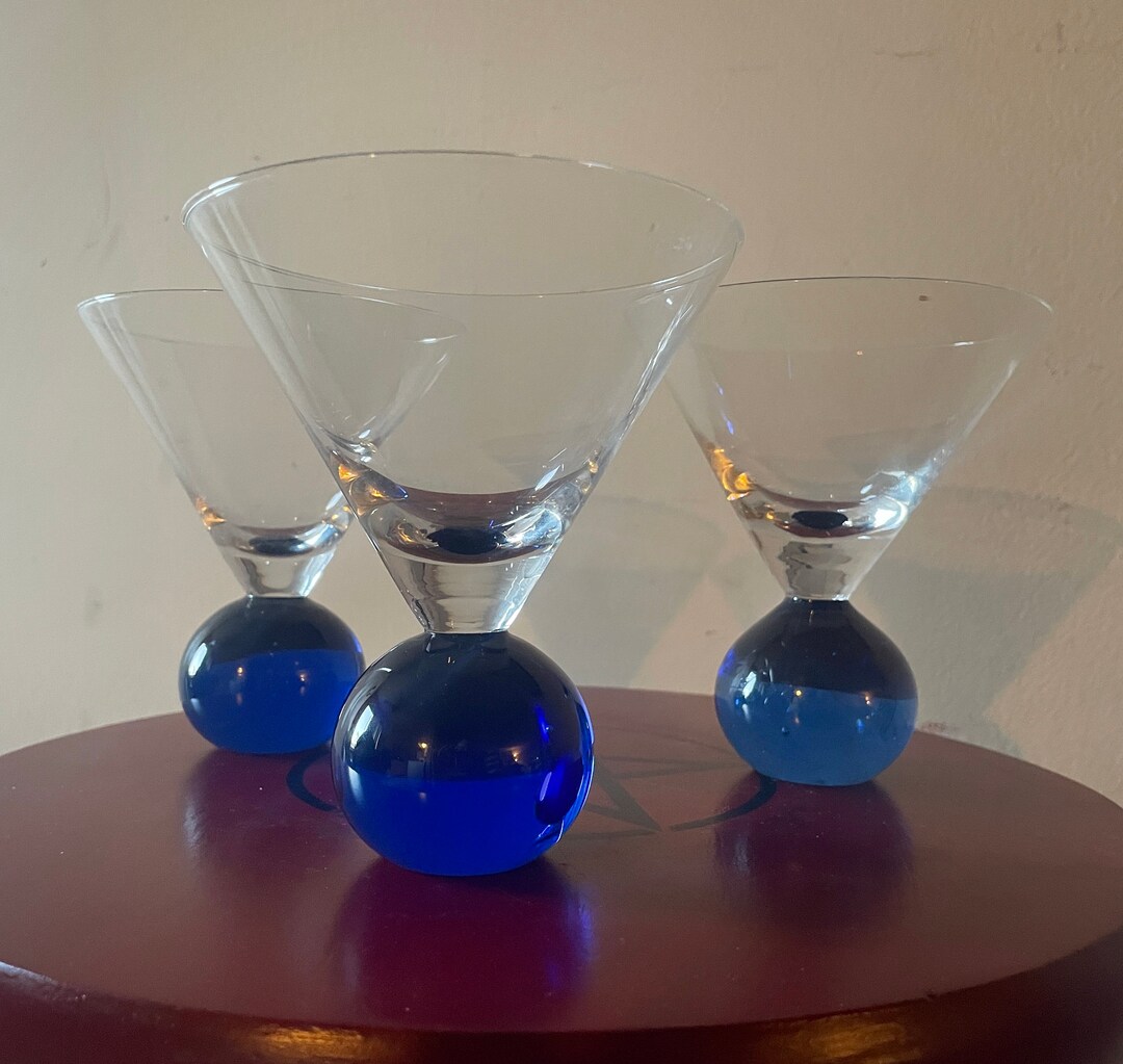 Vintage Cobalt Blue Bubble Base Martini Glasses Set of 3 Etsy