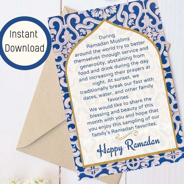 Tarjeta imprimible de Feliz Ramadán para amigos y vecinos, tarjeta para bandeja de Iftar, descarga instantánea, 5 x 7 pulgadas