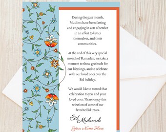 "Personalisierte druckbare Eid Blumenkarte für Nachbarn und Kollegen, ""Happy Eid"", Eid Kareem, Eid Mubarak, individuell druckbare Download, 10x12 cm PDF."