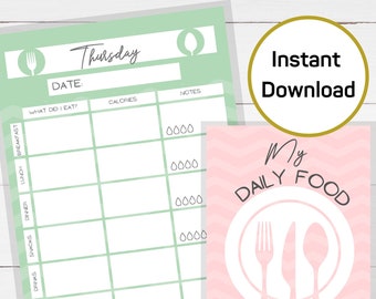Weekly food log and diary with calorie tracker journal for healthy eating and weight loss, printable bullet journal printable planner insert