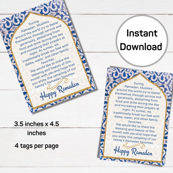 Happy Ramadan printable tag for friends and neighbors, Iftar tray tag, Instant Download, 3.5 inches x 4.5 inches