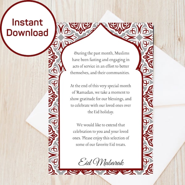 Printable Eid greeting card for friends and neighbors, Happy Eid card for Eid tray, Eid Mubarak, Printable, Instant Download, 4x6 PDF