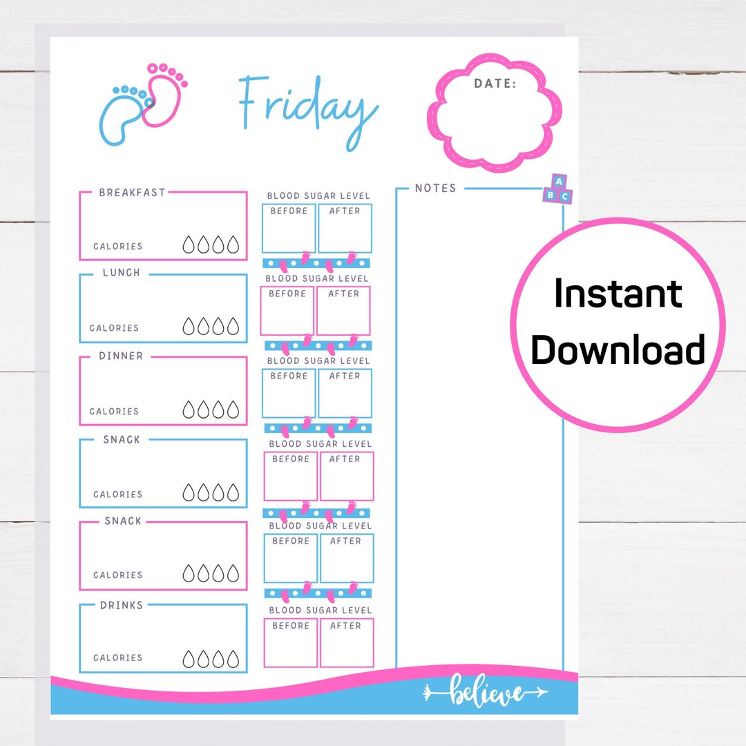 Printable Gestational Diabetes Food Tracker, Glucose & Sugar Level Log