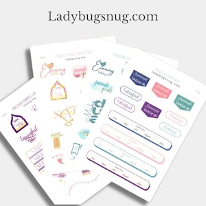 May include: A set of colorful stickers with Islamic themes. The stickers feature phrases like "Evening Adhan", "Jumuah Mubarak", "Tahajjud", and "Halaqa". The stickers are perfect for planners, journals, and other creative projects.