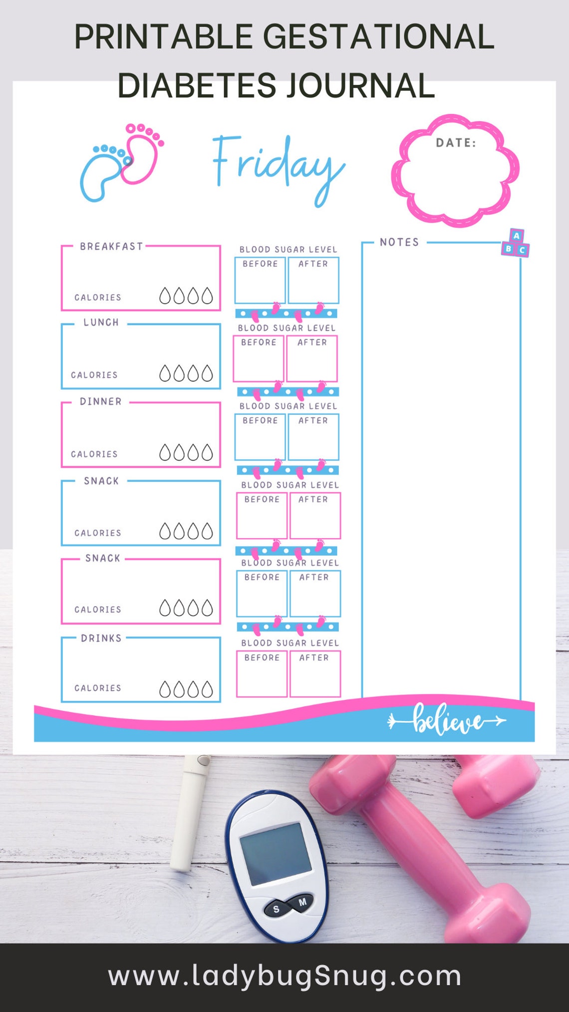 Printable Gestational Diabetes Food Tracker, Glucose & Sugar Level Log