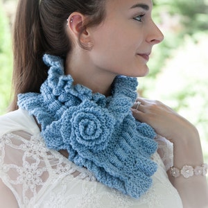 Loom Knit Scarf Cowl PATTERN Victorian Neckwarmer Cowl PATTERN with Ruching, Ruffles and a Rose! Loom Knitting Pattern.