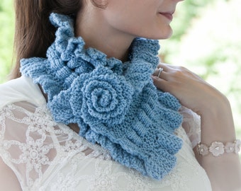 Loom Knit Scarf Cowl PATTERN Victorian Neckwarmer Cowl PATTERN with Ruching, Ruffles and a Rose! Loom Knitting Pattern.