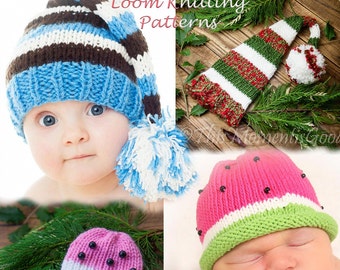 Loom Knit Elf & Watermelon Hat PATTERNS. 2 Hat PATTERNS in All sizes from Preemie to Adult. Use any Lg Gauge round loom. PDF download.