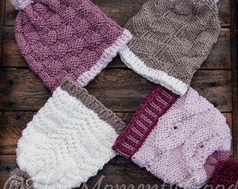 Coleção de chapéus de malha Tear 1 conjunto PADRÃO. 4 PADRÕES incluídos. Todos os padrões utilizam malhas e purls para criar os designs. PDF de 15 páginas.