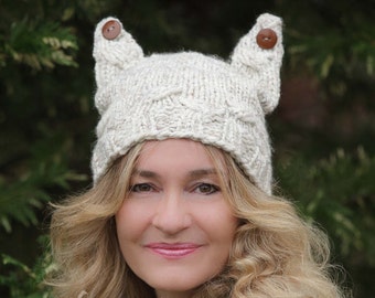 Loom Knit Cat Hat PATTERN. The Cabled Kitty Hat with Button ears PATTERN.  Cables are optional! Fits Teens, Adults. Instant PDF download.