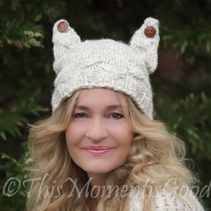 Loom Knit Cat Hat PATTERN. The Cabled Kitty Hat with Button ears PATTERN.  Cables are optional! Fits Teens, Adults. Instant PDF download.