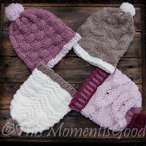 Loom Knit Hat Collection 1 PATTERN Set. 4 PATTERNS included. All patterns utilize Knits and Purls to create the designs. 15 page PDF.