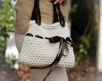 Loom Knit Handbag PATTERN. Ladies Purse Tote Pattern With Ribbon Embellishment. Medium Size. Loom Knitting Pattern PDF.