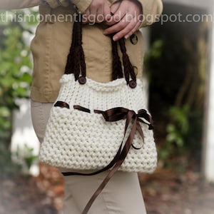 Loom Knit Handbag PATTERN. Ladies Purse Tote Pattern With Ribbon Embellishment. Medium Size. Loom Knitting Pattern PDF. image 1