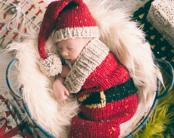 Loom Knit Santa Christmas Cocoon and Santa Hat Pattern. Make This Newborn Swaddler and Elf Hat for Baby Using This PDF Loom Knitting PATTERN