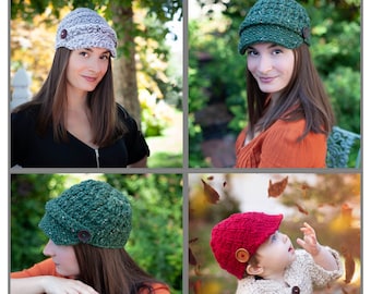 Loom Knit Newsboy Hat PATTERN Collection. 3 PDF Digital Patterns Included. Sized For Baby 6 mos+ to Adult.