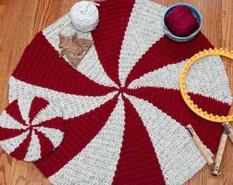 Loom Knit Rug PATTERN. Starlight, Peppermint, Pinwheel Color Design. 3 sizes, Large Rug, Table Pad and Coaster. PDF Digital Download PATTERN