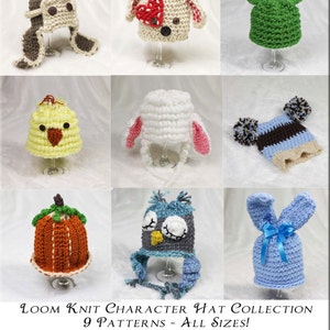 May include: A collection of 9 loom knit character hats in various colors and designs, including a frog, a chick, a pumpkin, an owl, a bunny, a dog, a sheep, a bear, and a striped hat. The hats are all made with yarn and have different features, such as ears, eyes, and noses. The text on the image reads "Loom Knit Character Hat Collection 9 Patterns - All Sizes! From Preemie to Adult."