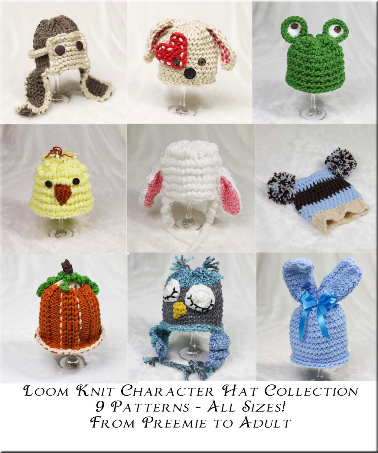 Loom Knit Character Hat PATTERN Collection, 9 Adorable PATTERNS