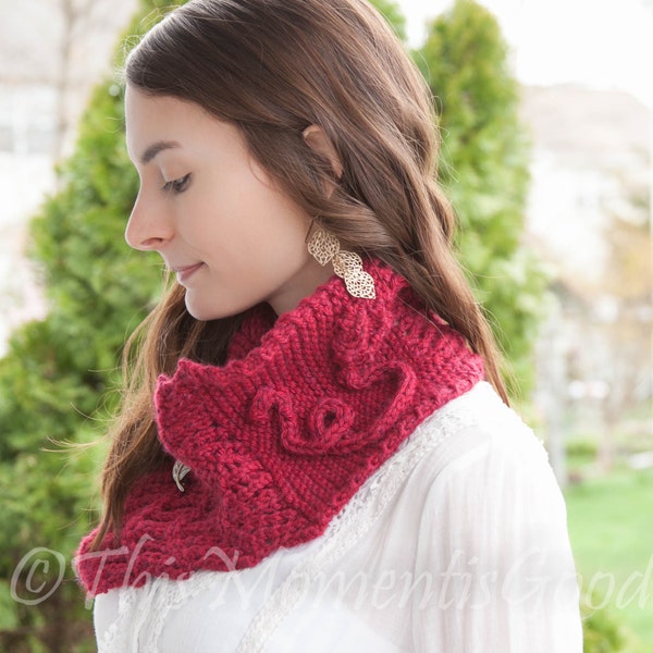 Loom Knit Cowl PATTERN with Rose detail, Scarf,  Shawl, Lace Scarf Pattern, Loom Knitting Patterns. PDF PATTERN download.