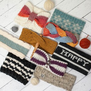 May include: A collection of nine knitted headbands in various colors and patterns, including a headband with the word "HAPPY" knitted into it.