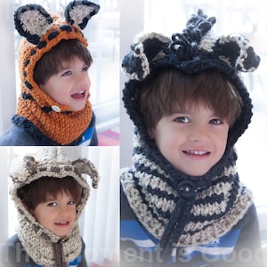 Loom Knit Hood (3) PATTERN Collection, Fox hood, Zebra Hood & Puppy Hood. Toddler and Child Sizes. PDF PATTERN Instant Download.