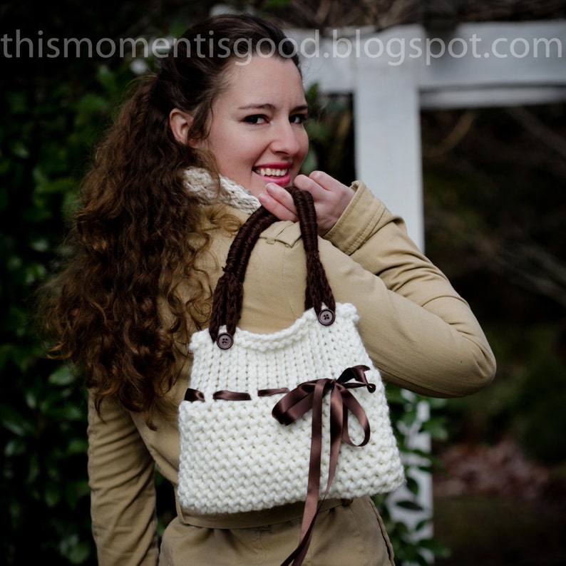 Loom Knit Handbag PATTERN. Ladies Purse Tote Pattern With Ribbon Embellishment. Medium Size. Loom Knitting Pattern PDF. image 2
