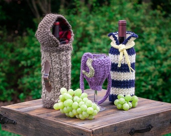 Loom Knit Wine Themed Pattern Collection, 3 PDF Patterns included;Wine glass lanyard, Wine Bottle Tote/Carrier and Nautical Wine Bottle Cozy
